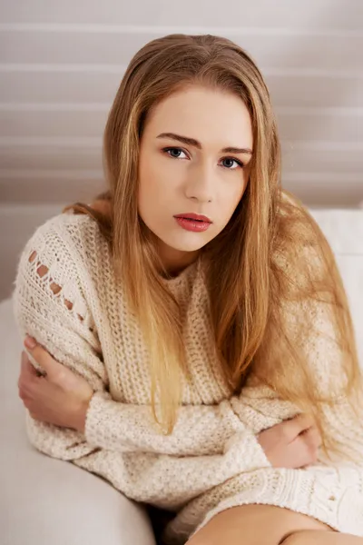 Beautiful sad, worried caucasian woman. — Stock Photo, Image