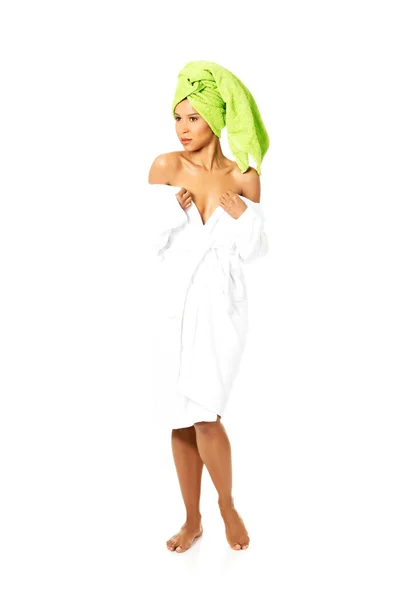 Woman wrapped in towel with turban. — Stock Photo, Image