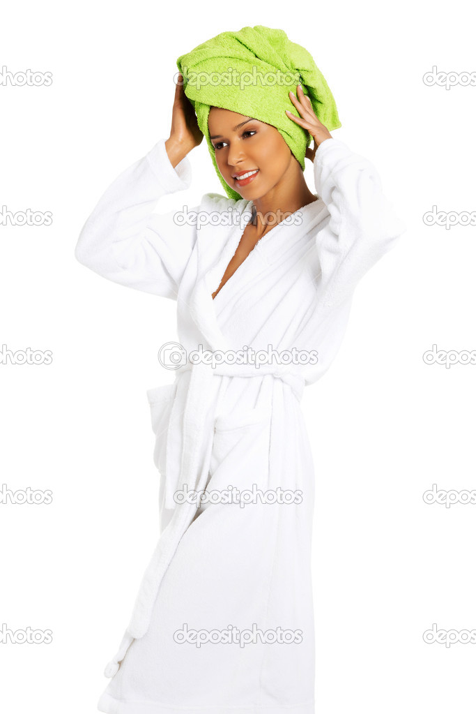 Beautiful spa woman in bathrobe.