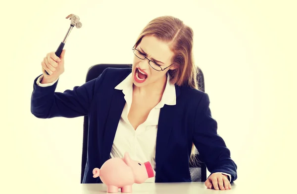 Business woman and piggy bank — Stock Photo, Image