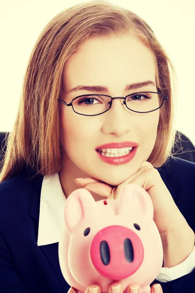 Business woman with piggy bank. — Stock Photo, Image