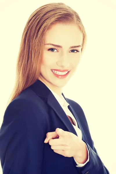 Beautiful business woman is advertising. — Stock Photo, Image