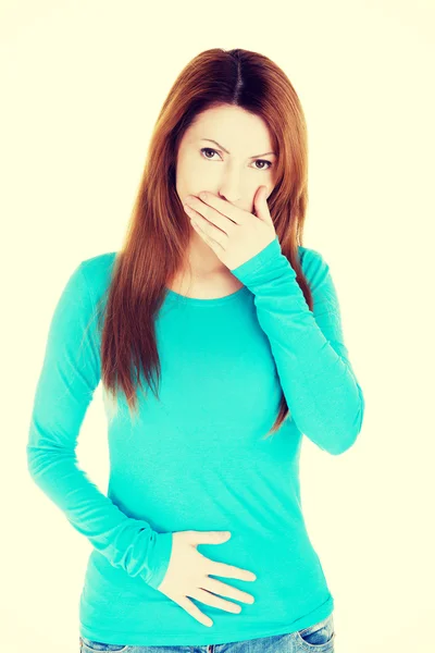 Woman with strong pain of stomach and nausea — Stock Photo, Image