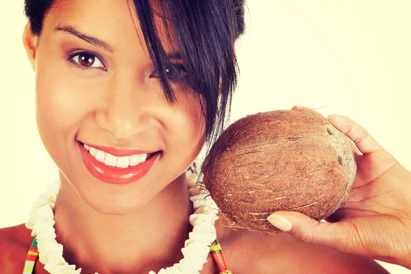 Feliz mujer excitada verano con coco —  Fotos de Stock