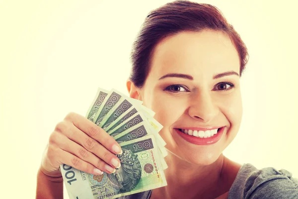 Vrouw met geld in de hand — Stockfoto