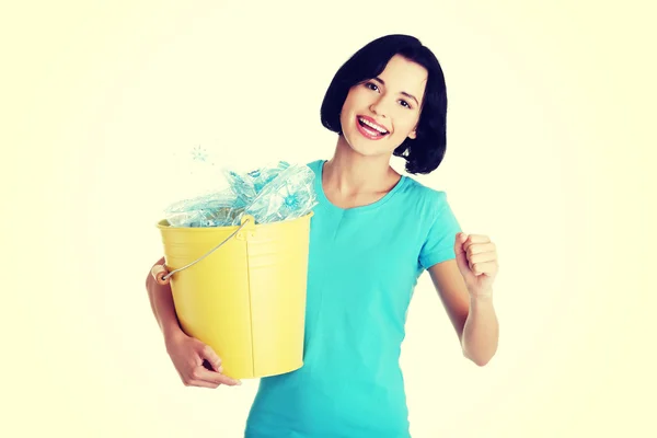 Woman holding recycling bin — Stock Photo, Image