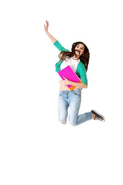 Jumping college student — Stock Photo, Image