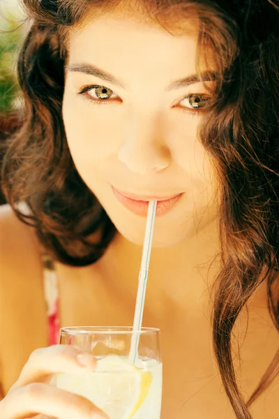 Woman with drink — Stock Photo, Image