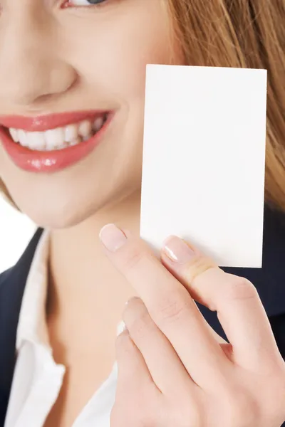 Woman holding personal card. — Stock Photo, Image