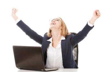 Woman  looking at screen laptop. clipart