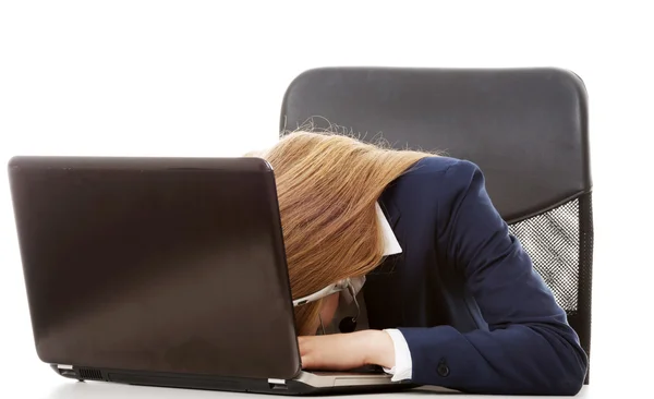 Tired business woman by laptop. — Stock Photo, Image