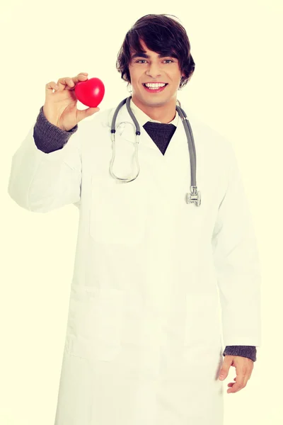 Happy handsome young male doctor holding heart. — Stock Photo, Image