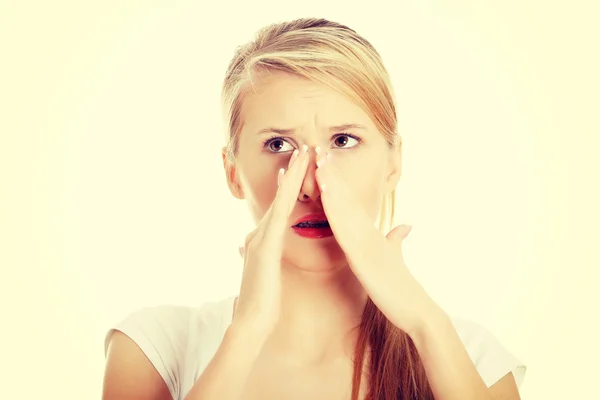 Young woman with sinus pressure pain — Stock Photo, Image