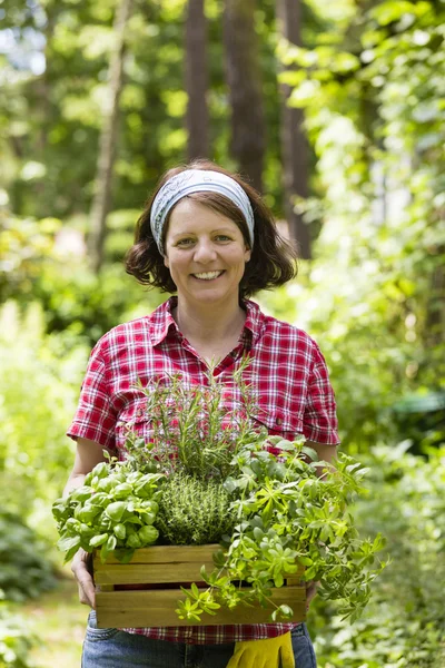 Vrouw met kruiden in een tuin — Stockfoto