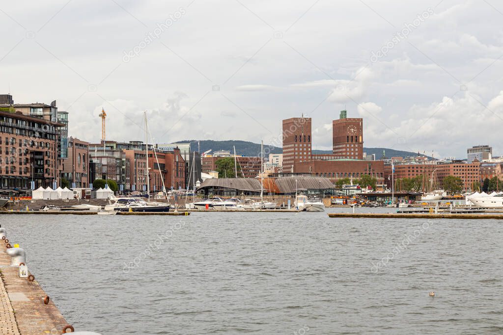harbor with city hall in Oslo, Norway