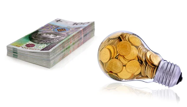 黄金の電球とポーランド語紙幣のスタック — ストック写真