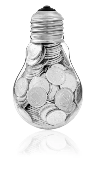 Grande ideia e lâmpada de vidro com moedas — Fotografia de Stock