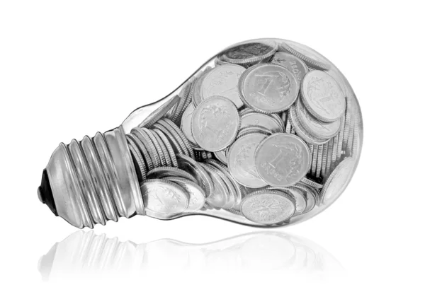 Great idea and glass bulb with coins — Stock Photo, Image