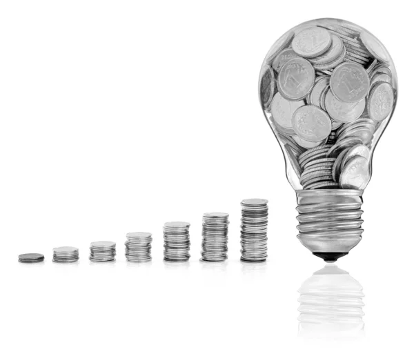Great idea and glass bulb with coins — Stock Photo, Image