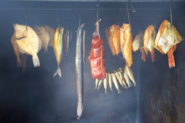 Own home smokehouse and delicious marine fish, healthy food clipart