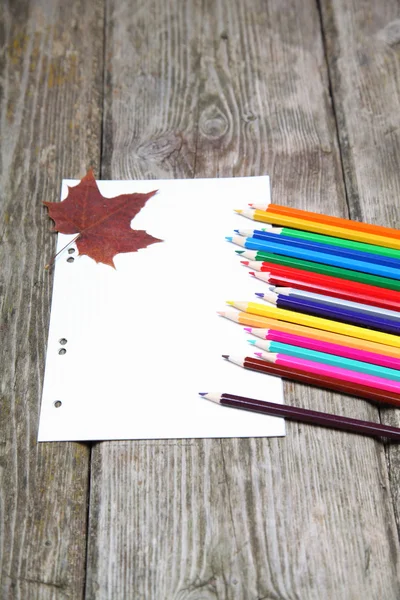 Checkered sheet, maple leaf and pencils on the wooden background — Stock Photo, Image