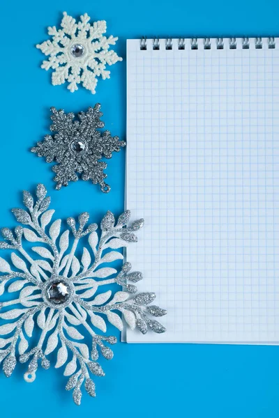 Notebook Snowflakes Blue Background Christmas Decor Place Your Text — Stock Photo, Image