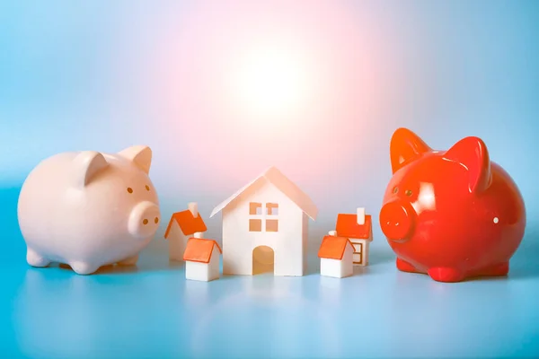 两只猪猪和一栋蓝色背景的小房子 房地产采购概念 — 图库照片