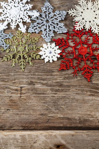 Кордон Сніжинок Старому Дерев Яному Тлі Різдвяний Декор Місце Вашого — стокове фото