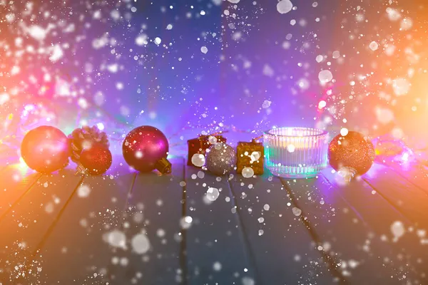 Ljuset Och Juldekorationer Bakgrunden Julbelysning Festligt Vykort — Stockfoto