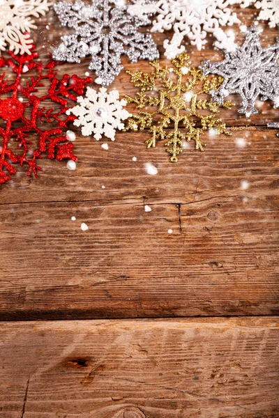 Fronteira Flocos Neve Velho Fundo Madeira Decoração Natal Lugar Para — Fotografia de Stock