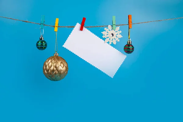 Christmas Decorations Hang Rope Blue Background Place Your Text Christmas — Stock Photo, Image