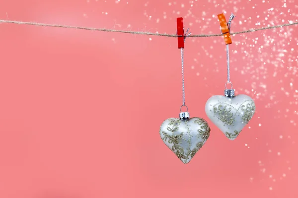 Julbollar Hjärtan Rosa Bakgrund Vackert Julkort — Stockfoto