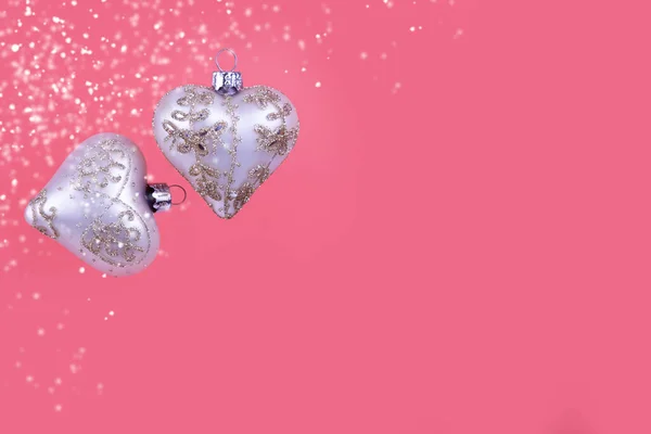 Christmas Balls Hearts Pink Background Beautiful Christmas Card — Stock Photo, Image