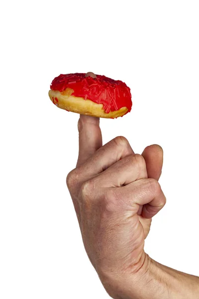 Пончик Руке Мужчины Изолированы Белом Фоне — стоковое фото