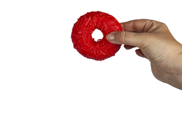 Vrouw Houdt Een Donut Haar Hand Geïsoleerd Witte Achtergrond — Stockfoto