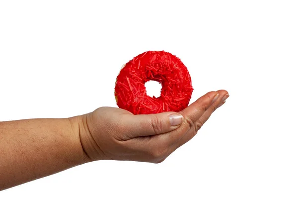 Vrouw Houdt Een Donut Haar Hand Geïsoleerd Witte Achtergrond — Stockfoto
