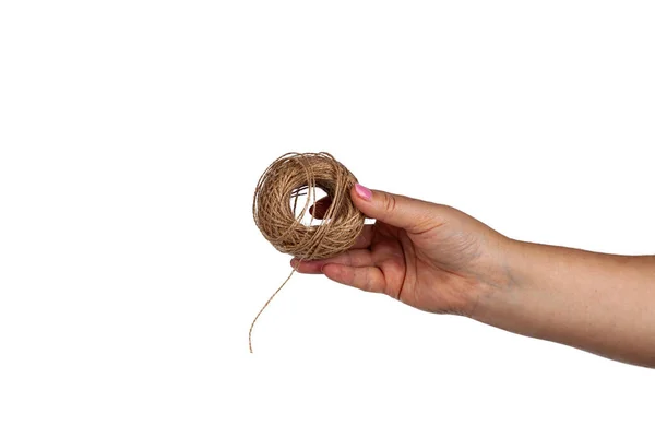 Female Hand Holding Jute Rope Isolated White Background Place Your — Zdjęcie stockowe