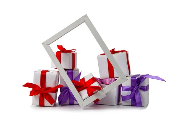 Gifts Bows Frame Isolated White Background — ストック写真