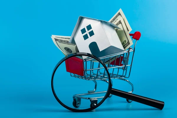 Shopping Cart House Dollars Magnifying Glass Blue Background Pre Purchase — Stockfoto