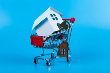Toy model house and keys in a shopping cart. Rent apartments, Real Estate and buying a house idea. Blue background