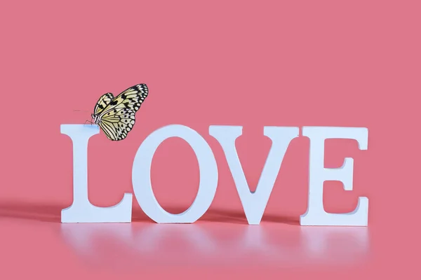 Word Love Butterfly Pink Background Valentine Day Card —  Fotos de Stock