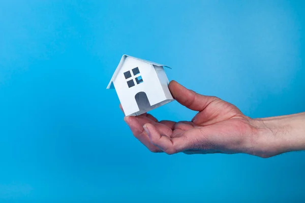 Rent Apartments Real Estate Buying House Idea Blue Background Hand — Fotografia de Stock