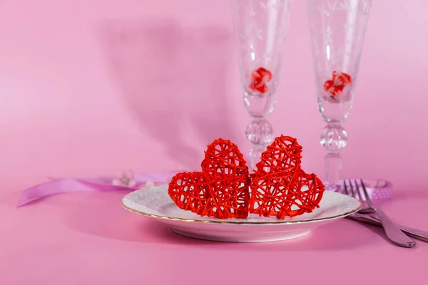 San Valentino Cena Romantica Con Cuori Rossi Sfondo Rosa Copia — Foto Stock