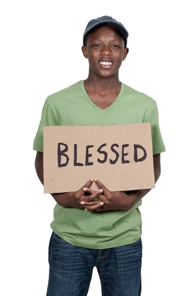 Man Holding Sign that says Blessed — Stock Photo, Image