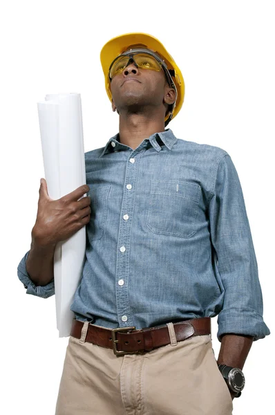 Bauarbeiter mit Bauplänen — Stockfoto