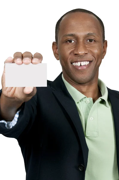 Homem negro segurando cartão de visita — Fotografia de Stock