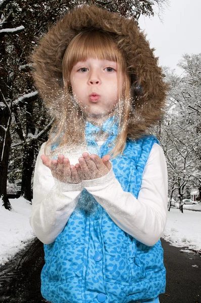 Girl Blowing Snow — Stock Photo, Image