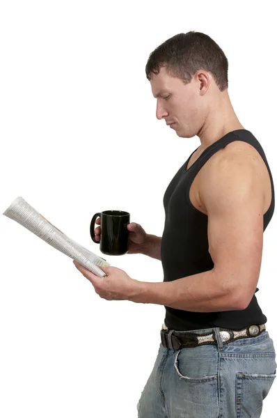 Man drinken koffie met de krant — Stockfoto