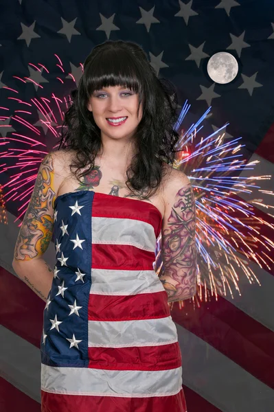 Woman at Fireworks in a Flag — Stock Photo, Image