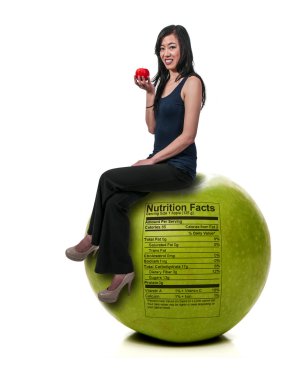Asian Woman Sitting on Red Delicious Apple with Nutrition Label clipart